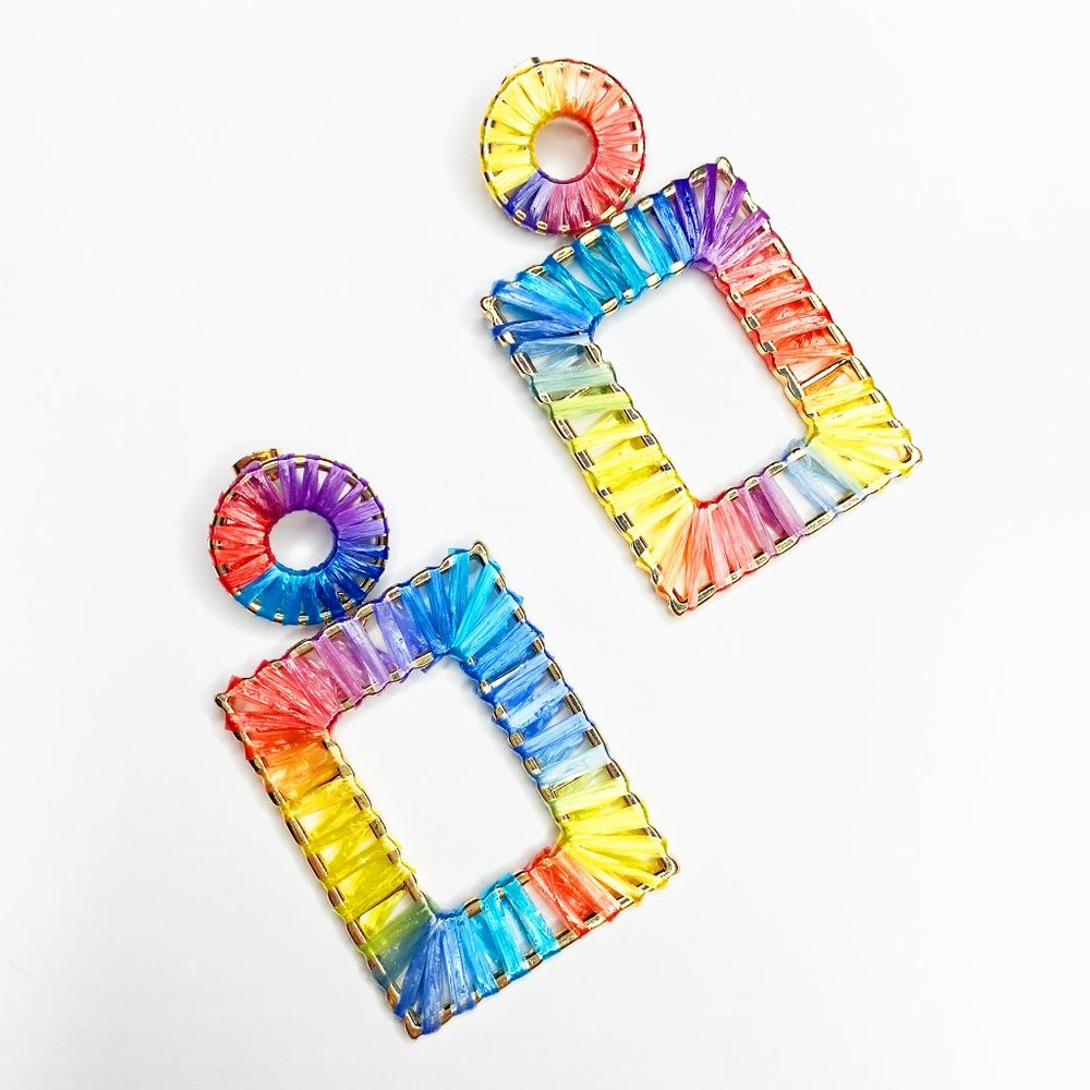 Rainbow Raffia Rectangle Earrings